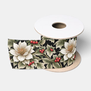 White Fowers with Holly & Red Berries Satin Ribbon