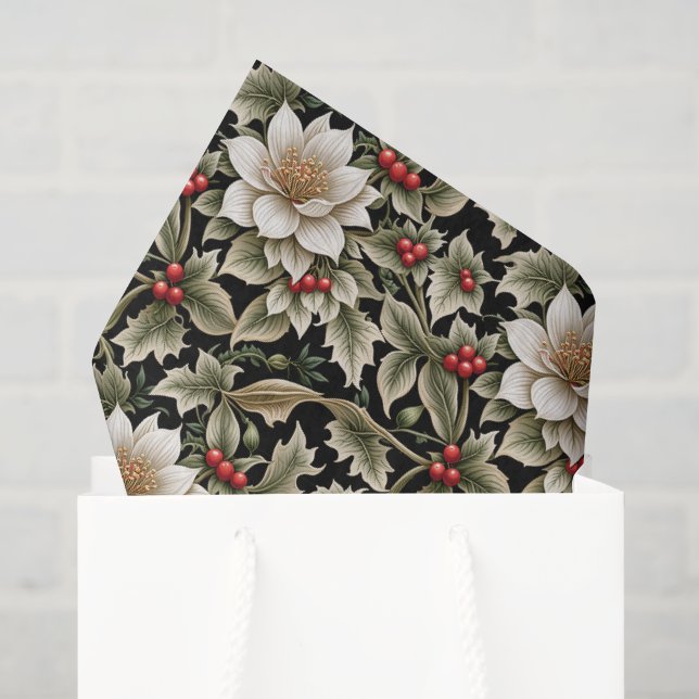 White Fowers with Holly & Red Berries Tissue Paper (Gift Bag)