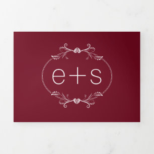 White frame and initials monogram burgundy wedding Tri-Fold invitation