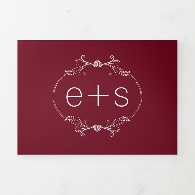 White frame and initials monogram burgundy wedding Tri-Fold invitation (Cover)