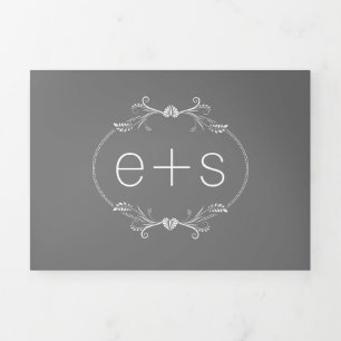 White frame and initials monogram grey wedding Tri-Fold invitation