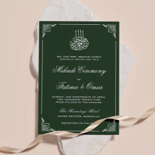 White Frame Green Islamic Muslim Mehndi Ceremony Invitation