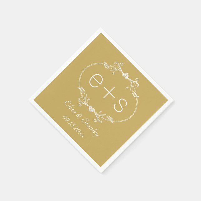 White frame initials elegant monogram gold wedding napkin (Corner)
