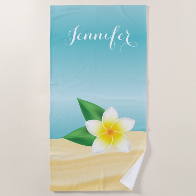 White Frangipani Flower On Sand With Custom Name Beach Towel (Front)