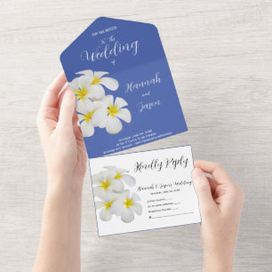 White Frangipani Flowers, on Blue, Floral Wedding All In One Invitation