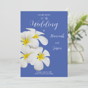 White Frangipani Flowers, on Blue, Floral Wedding Invitation