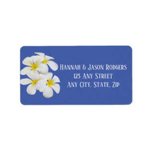 White Frangipani Flowers, on Blue, Floral Wedding Label