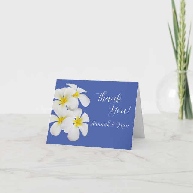 White Frangipani Flowers, on Blue, Floral Wedding Thank You Card (Front)