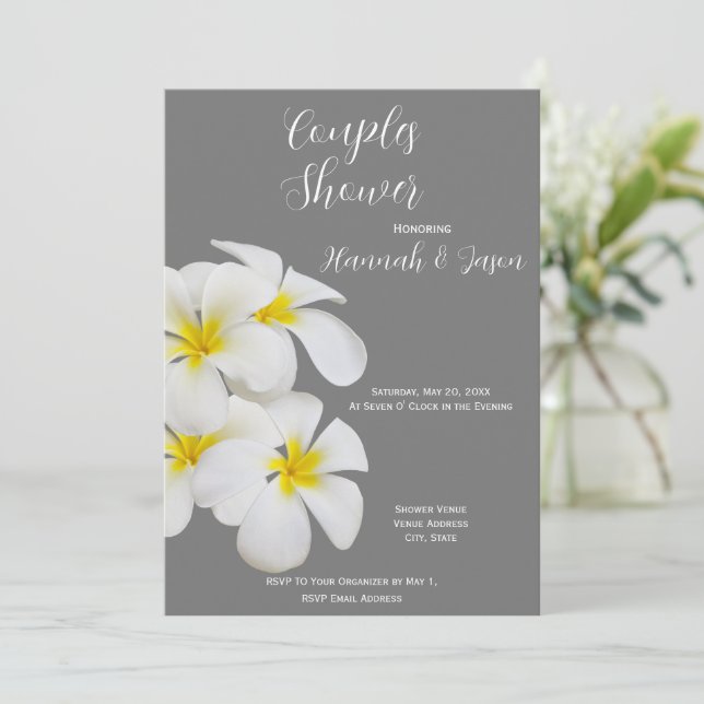 White Frangipani Flowers, on Medium Grey, Couples Invitation (Standing Front)