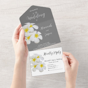 White Frangipani Flowers, on Medium Grey, Wedding All In One Invitation