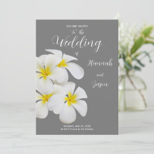 White Frangipani Flowers, on Medium Grey, Wedding Invitation
