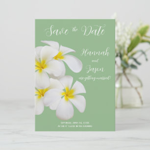 White Frangipani Flowers, on Sage, Save Date Invitation