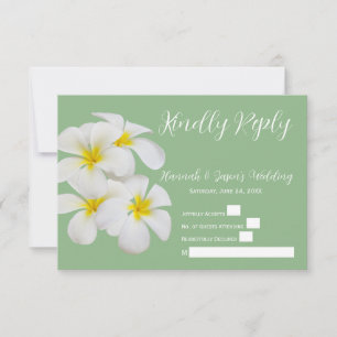 White Frangipani Flowers, on Sage, Wedding RSVP Thank You Card