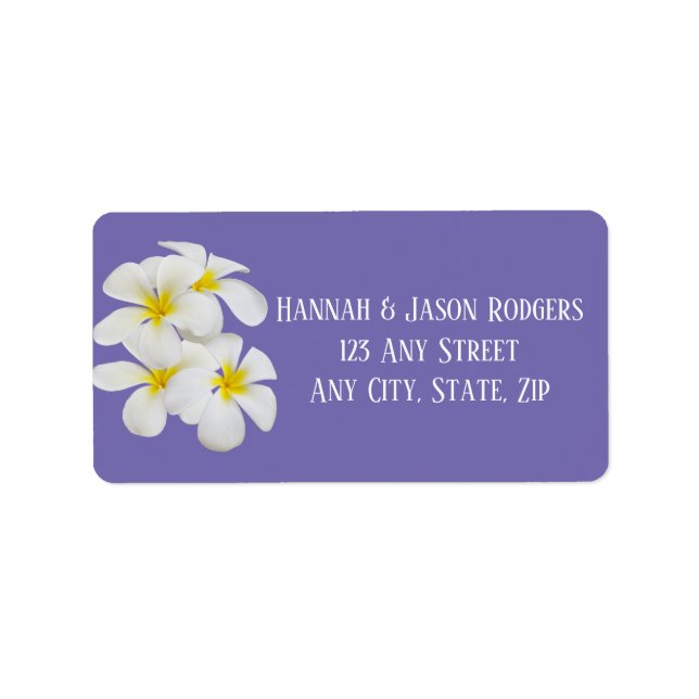 White Frangipani Flowers, Periwinkle, Wedding Label (Front)