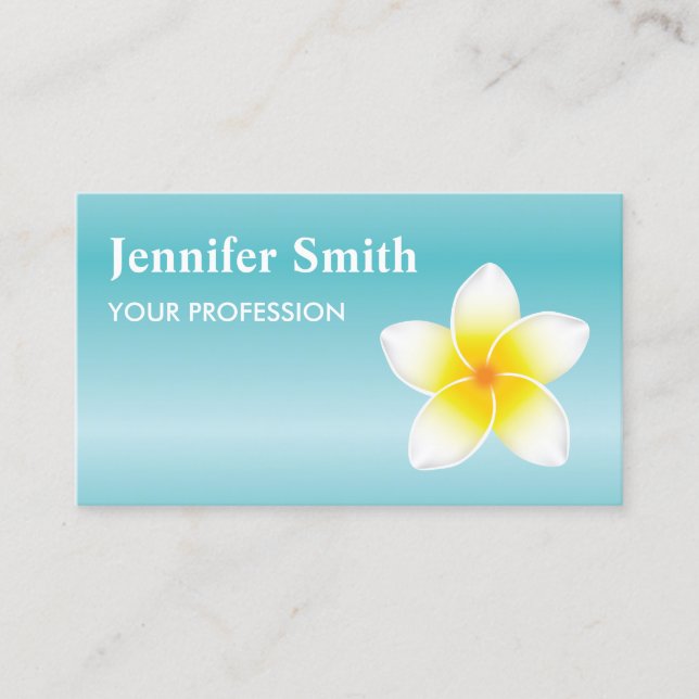 White Frangipani Plumeria Flowers On Blue Business Card (Front)