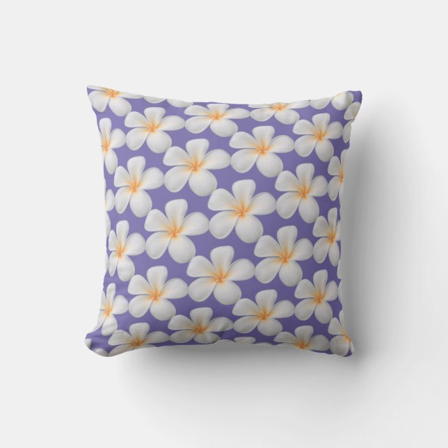 White Frangipani Plumeria Flowers on Periwinkle Cushion (Front)