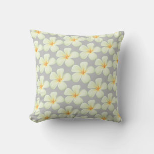 White Frangipani Plumeria Flowers on Silver Grey Cushion