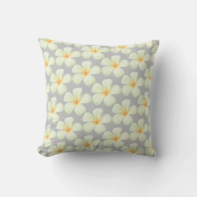 White Frangipani Plumeria Flowers on Silver Grey Cushion (Front)