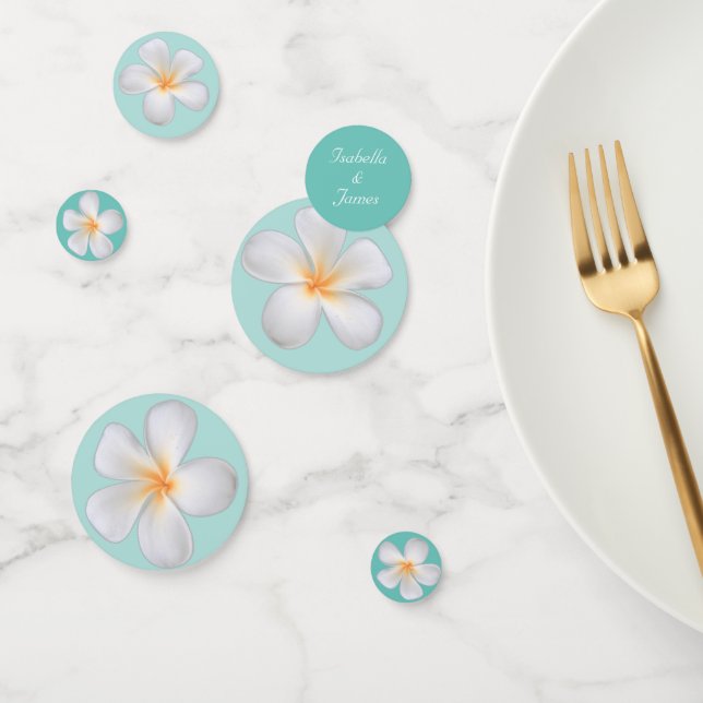 White Frangipani Plumeria Flowers on Teal Confetti (Group)