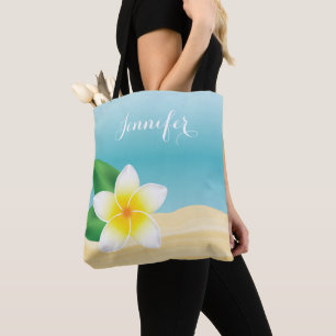 White Frangipani Tropical Flower With Custom Name Tote Bag
