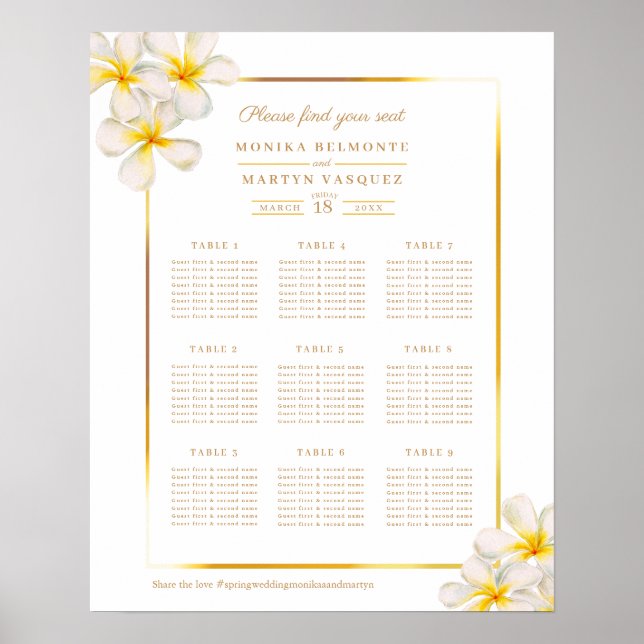 White frangipani tropical wedding seating plan poster (Front)