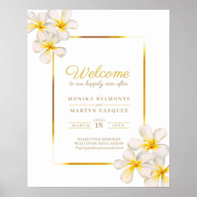White frangipani tropical wedding welcome poster (Front)