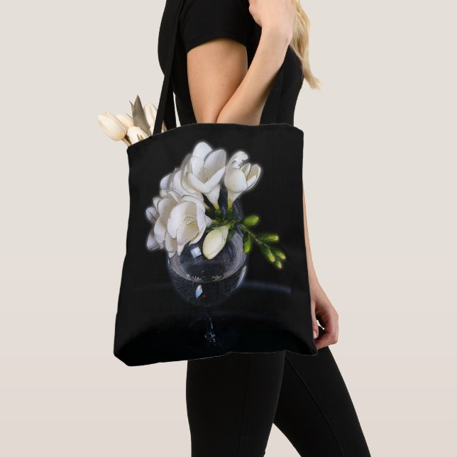 white freesia in a glass tote bag (Close Up)
