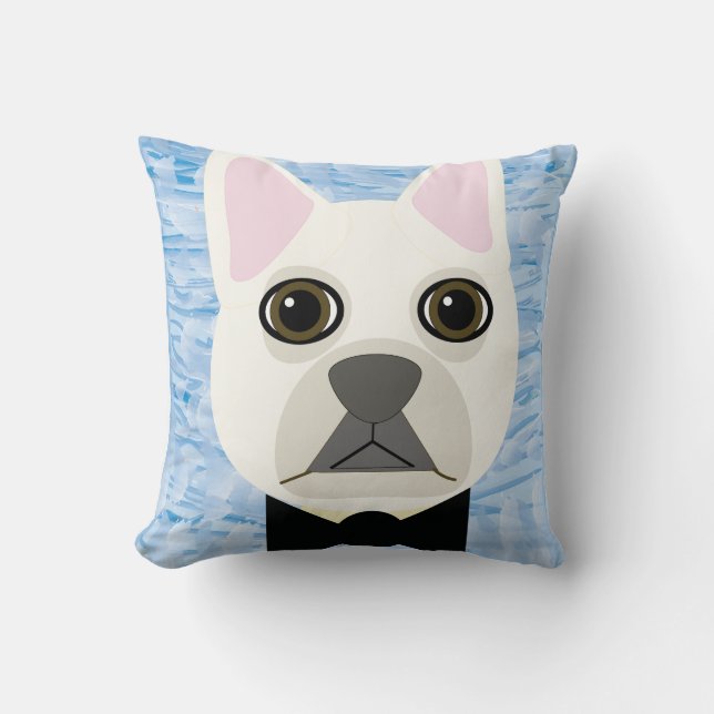 White French Bulldog, Blue Cushion (Front)