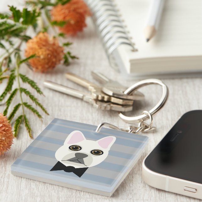 White French Bulldog, Stripes Key Ring (Front Right)