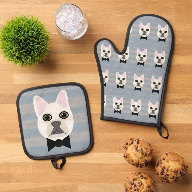 White French Bulldog, Stripes Oven Mitt & Pot Holder Set (Top Down)