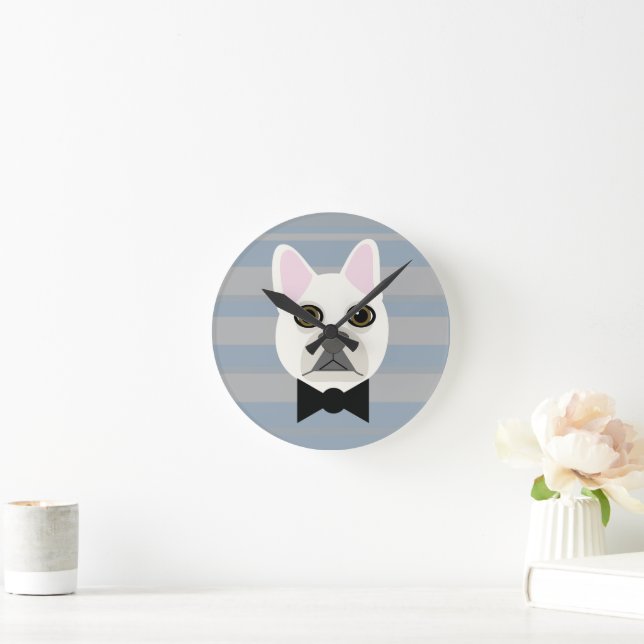 White French Bulldog, Stripes Round Clock (Home)
