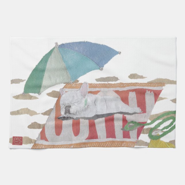 White Frenchie, French Bulldog, Pop Dog Art Tea Towel (Horizontal)