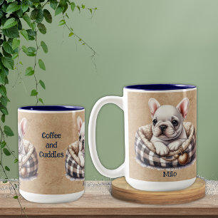 White Frenchie in Plaid Dog Bed Two-Tone Coffee Mug