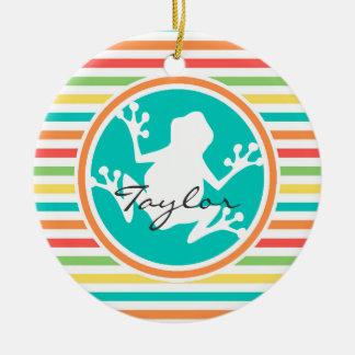 White Frog; Bright Rainbow Stripes Ceramic Tree Decoration