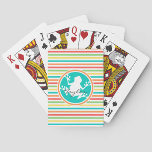 White Frog; Bright Rainbow Stripes Playing Cards