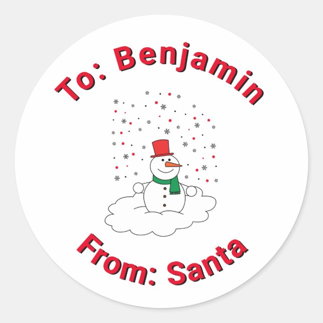 White From Santa Custom Name Snowman Snowflakes Classic Round Sticker (Front)