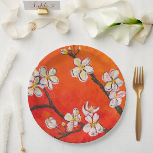 White Fruit Blossoms Orange Red Smell of Spring Paper Plate
