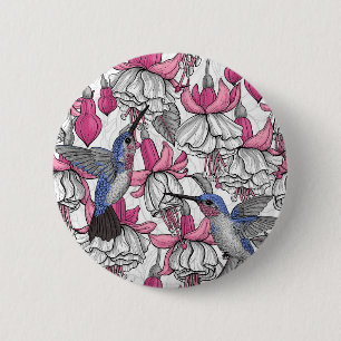 White fuchsia and hummingbirds 6 cm round badge