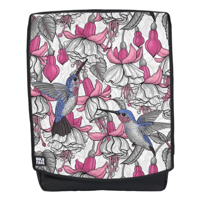 White fuchsia and hummingbirds backpack (Front)
