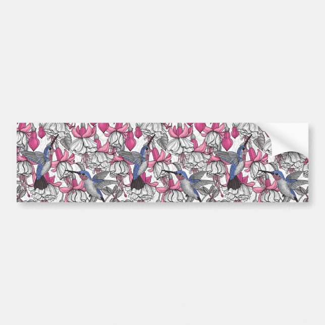 White fuchsia and hummingbirds bumper sticker (Front)