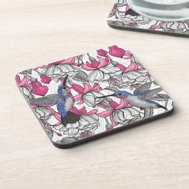 White fuchsia and hummingbirds coaster (Left Side)