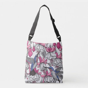 White fuchsia and hummingbirds crossbody bag