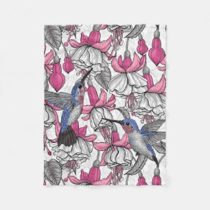 White fuchsia and hummingbirds fleece blanket