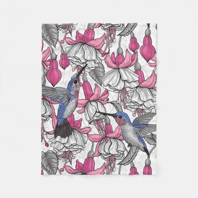 White fuchsia and hummingbirds fleece blanket (Front)
