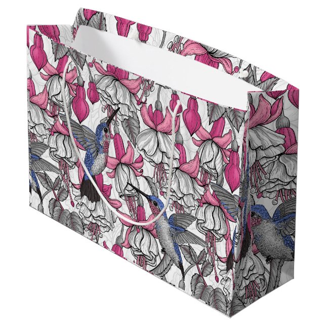 White fuchsia and hummingbirds large gift bag (Back Angled)