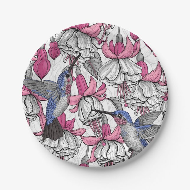 White fuchsia and hummingbirds paper plate (Front)