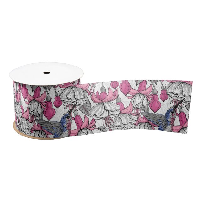 White fuchsia and hummingbirds satin ribbon (Spool)