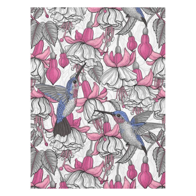 White fuchsia and hummingbirds tablecloth (Front)