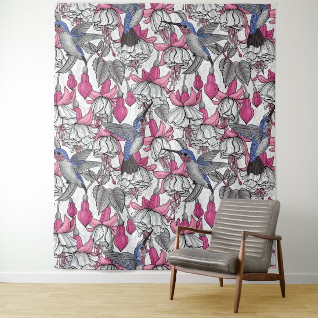 White fuchsia and hummingbirds tapestry (In Situ)