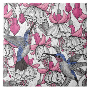 White fuchsia and hummingbirds tile
